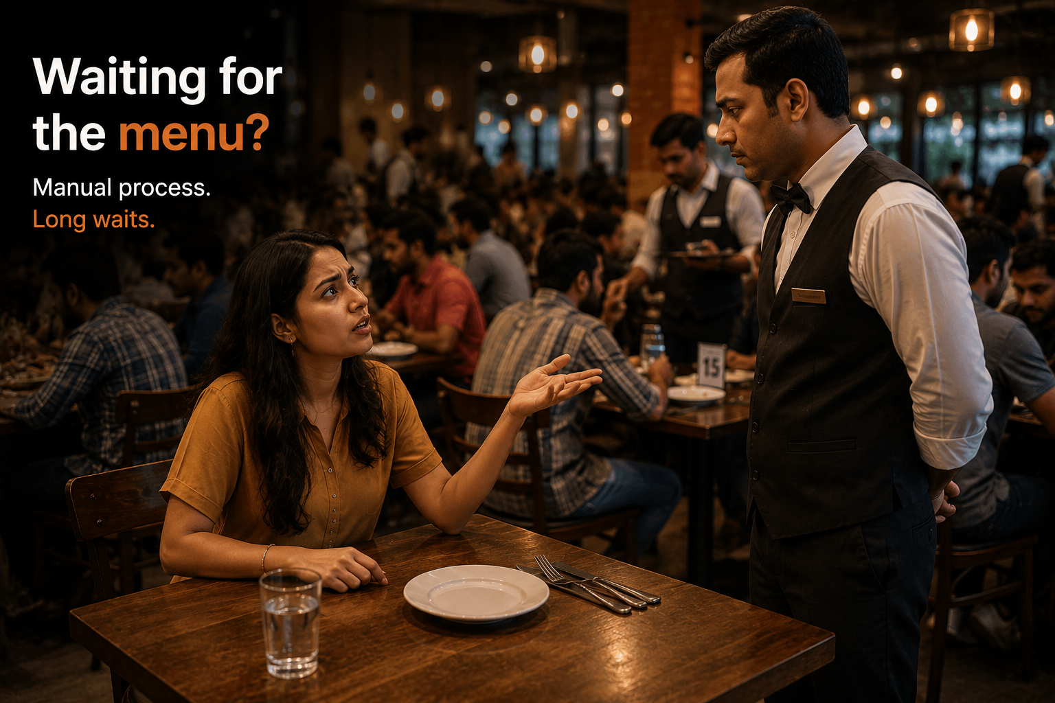 Customer waiting and asking for a physical menu in a busy restaurant