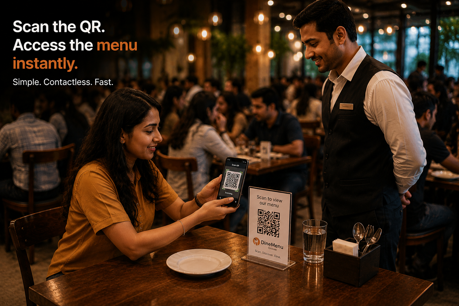 Customer scanning the QR code at the table